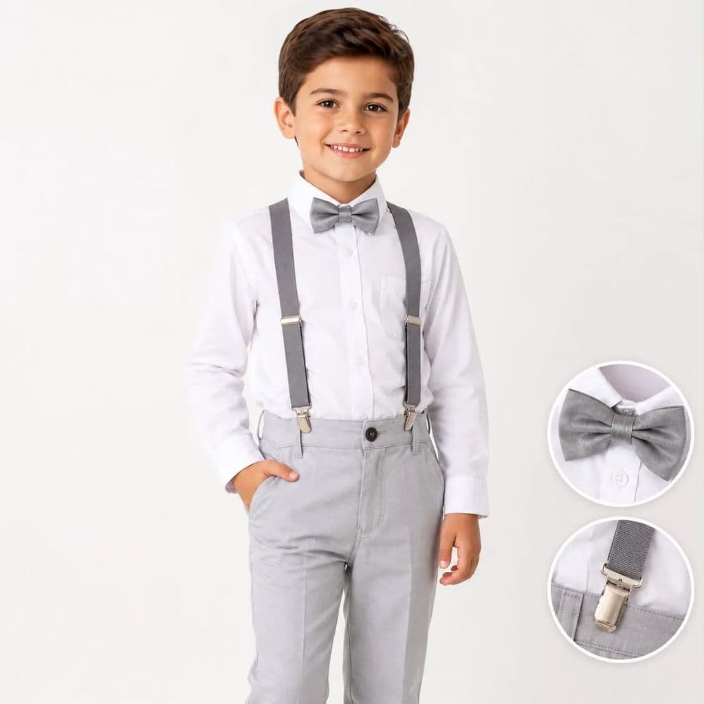 Calça Cinza com Camisa Manga Longa Branca e Kit Gravata e Suspensório Cinza Infantil