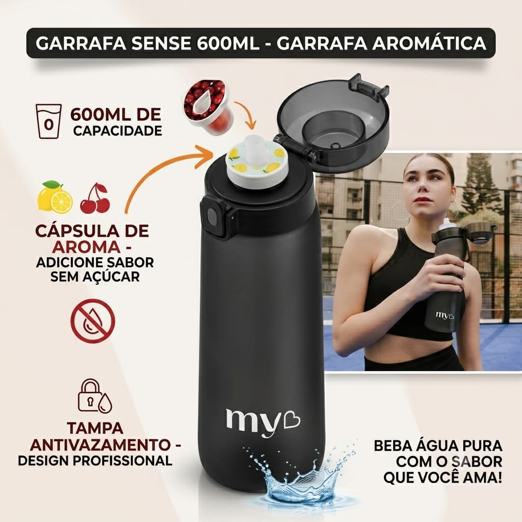 Garrafa Sense 600ml Garrafa Aromática para Água com Cápsula de Aroma Tampa Antivazamento Preta