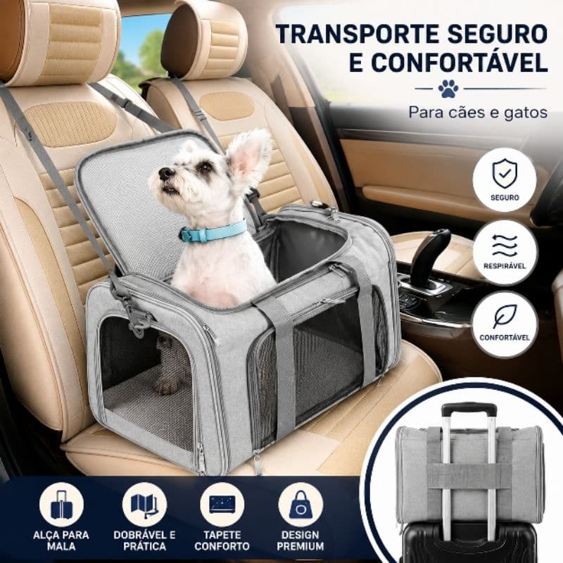 Bolsa de Transporte Pet Dobrável Premium para Cães e Gatos com Tapete Confortável, Tela Respirável e Alça para Mala