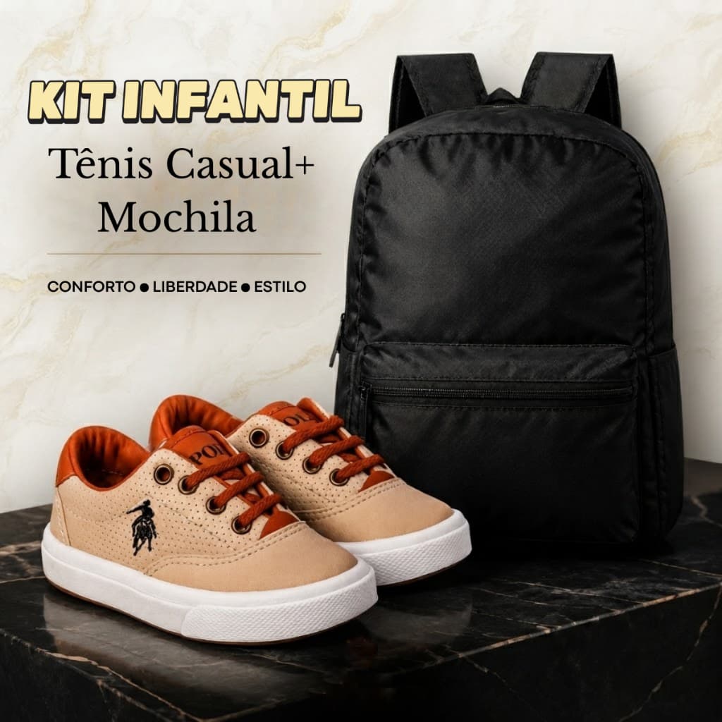 Kit Tenis Infantil Casual Dia a Dia Volta as Aulas Mochila Espaçosa Dia das Crianças