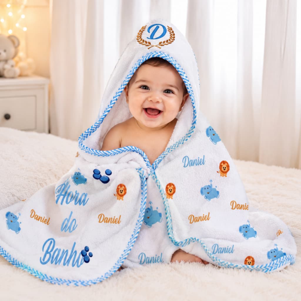 Toalha de banho para Bebê Personalizada com Nome | Capuz | Forrada com Fralda | Presente Maternidade
