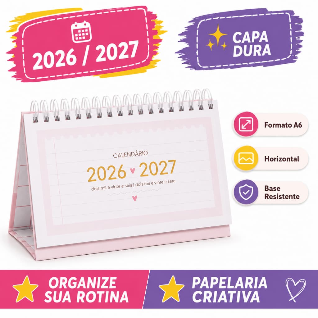 Calendário de Mesa 2026 2027 A6 Horizontal Capa Dura Planejamento Escritório Home Office Premium