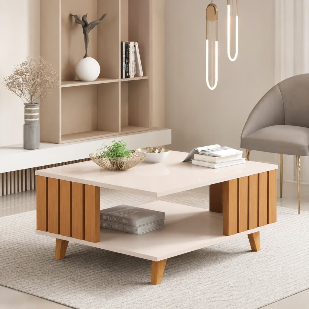 Mesa de Centro Ripada Off White Nature Açaí para Sala Moderna Decorativa JB Bechara