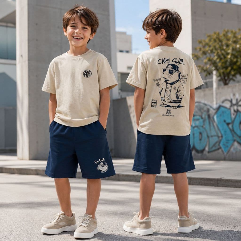 Conjunto Infantil Masculino Camiseta 100% Algodão + Bermuda Moletinho Estampado Tam. 2 ao 14