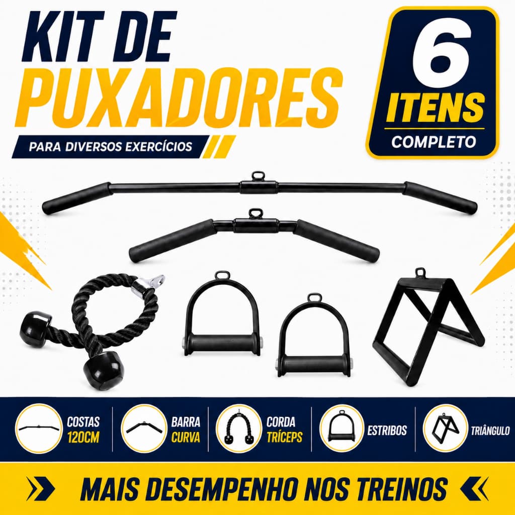 Kit 6 Puxadores  Barra Curva Costas 120cm Corda Tríceps Triangulo Estribos Crossover Musculação
