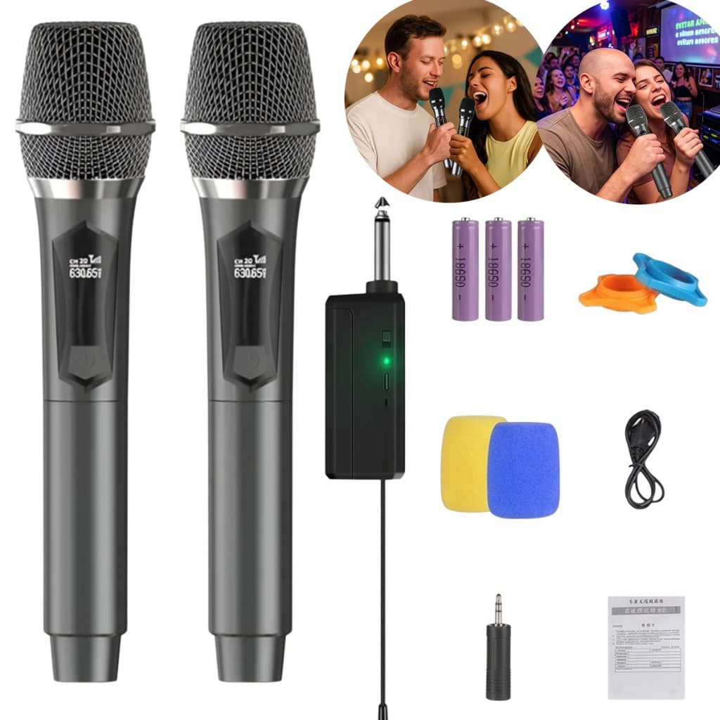 Kit 2 Microfone Karaokê Sem Fio Unidirecional Recarregável Para Igrejas Bandas