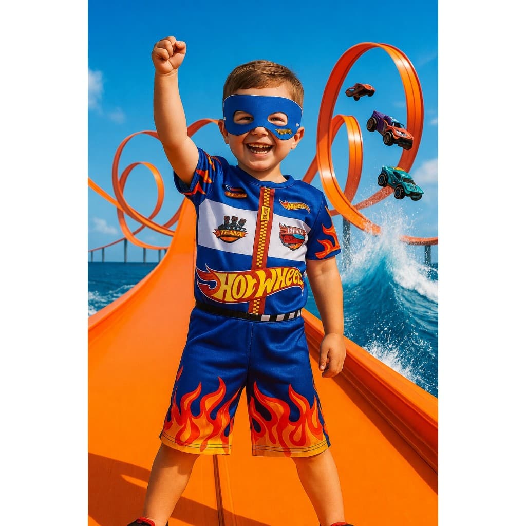 Fantasia Infantil Hot Wheels com Máscara - Pronta Entrega - Envio Rápido - KS Comércio