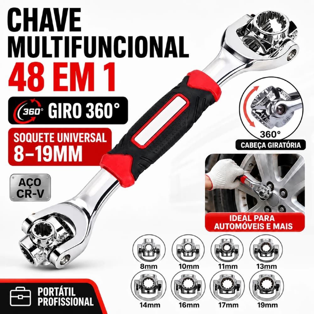 Chave Multifuncional 48 em 1 360° | Soquete Universal 8-19mm CR-V - Ferramenta Portátil Profissional