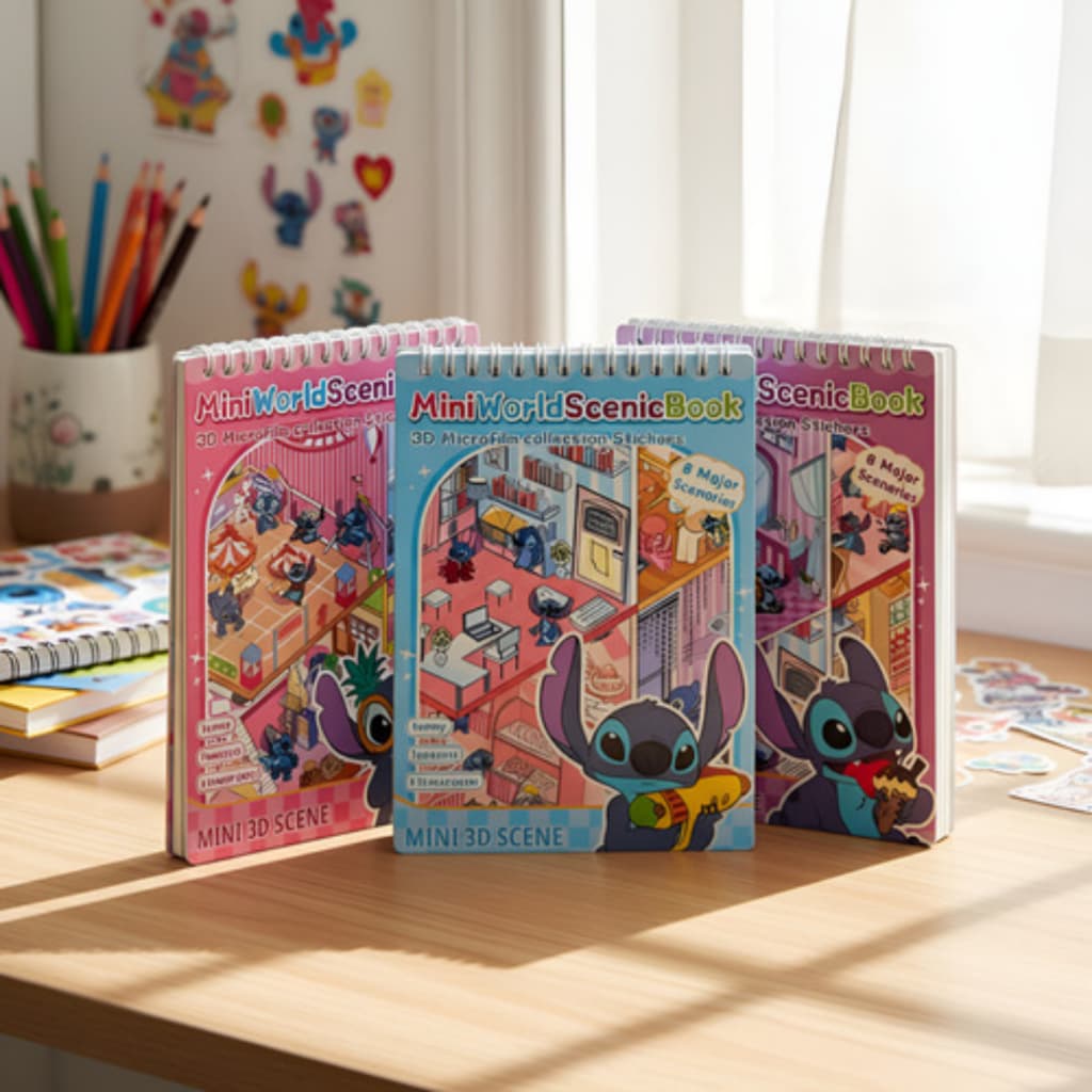 Kit 2 Cadernos De Adesivos 3D Stitch 6 Cenários Criativo Scrapbook Diy Fofo Montar Comodos Com Pinça
