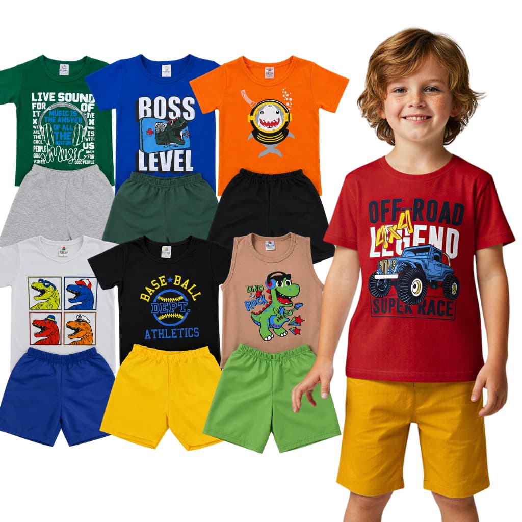 Kit 6 Peças Roupa Infantil Menino Verão Estampado Sortido 3 Conjunto Camiseta + Shorts Bebê