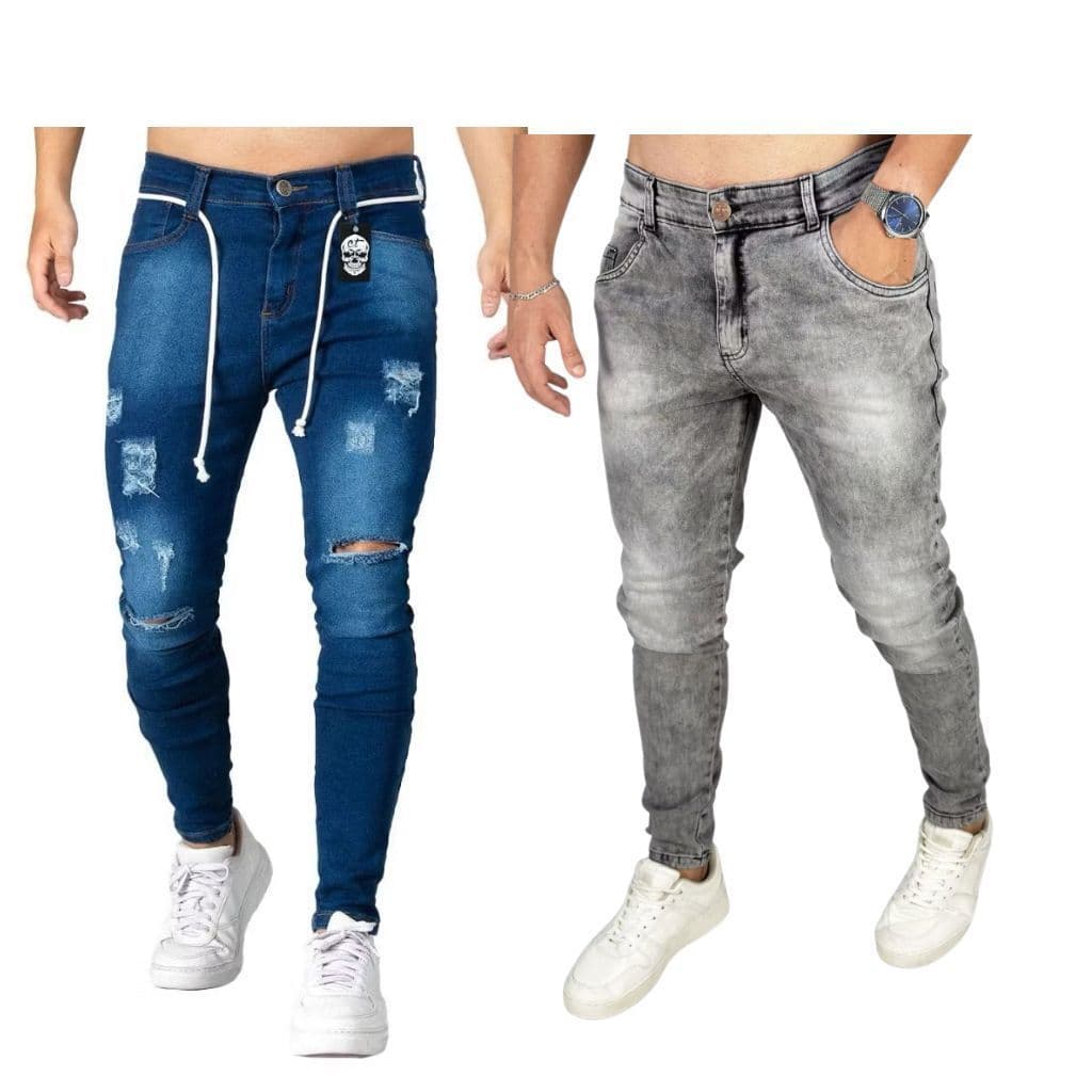 Kit 2 Calça Jeans Skinny Masculina – Azul Claro, Azul Escuro e Cinza Claro