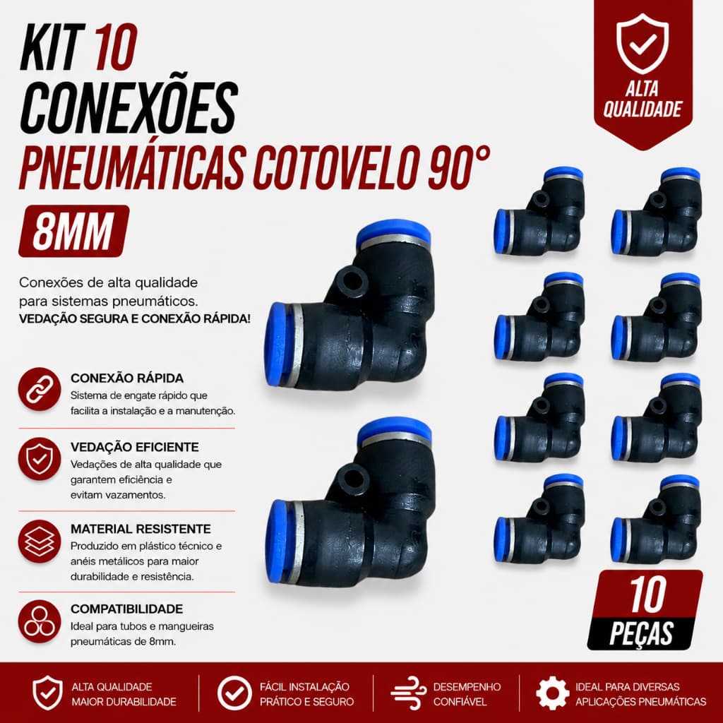 Kit 10 Conexões Pneumáticas 8mm Cotovelo Engate Rápido em L 90°