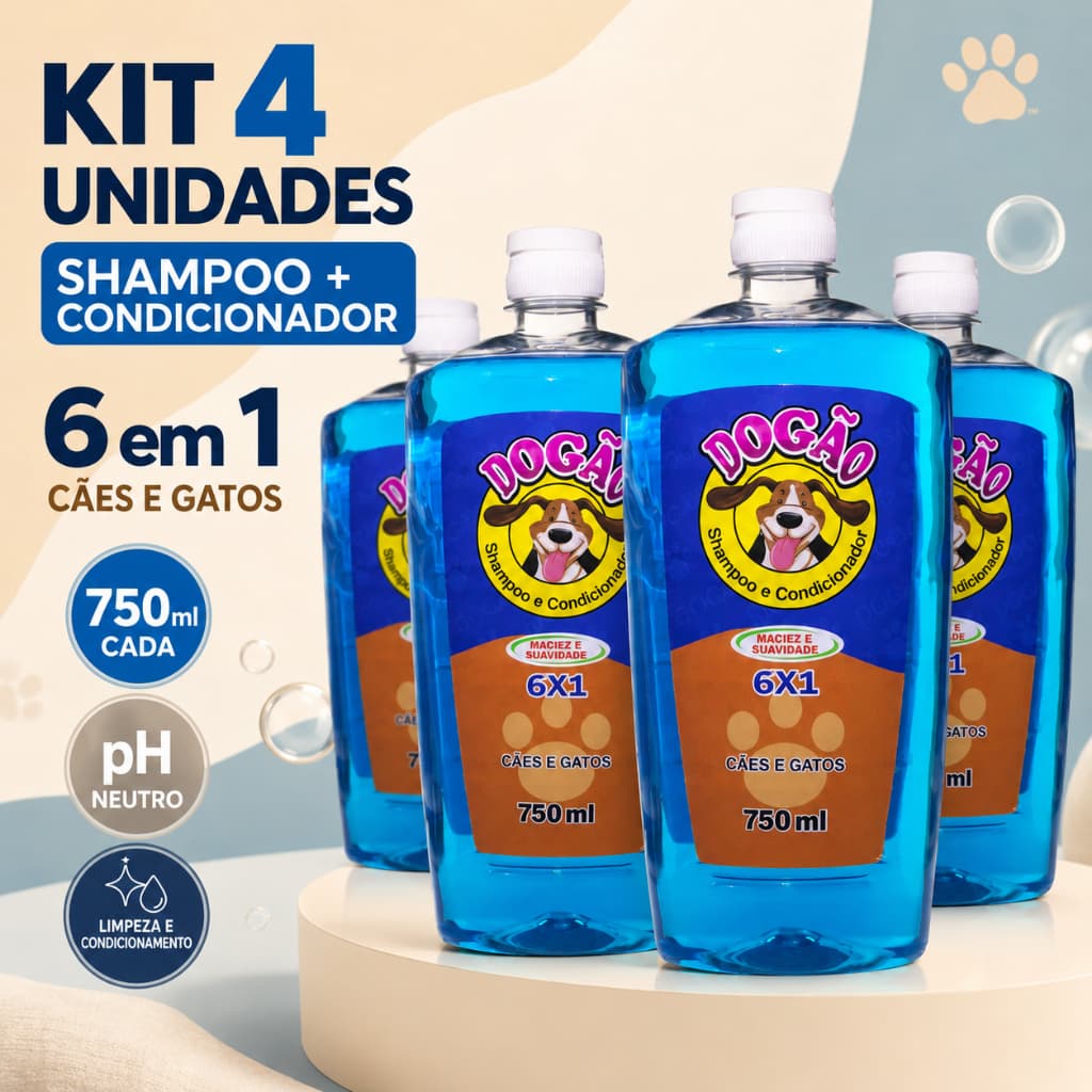Kit 4 Shampoo Condicionador Pet Cães e Gatos Dogão 750ml 6 em 1 Limpeza e Condicionamento