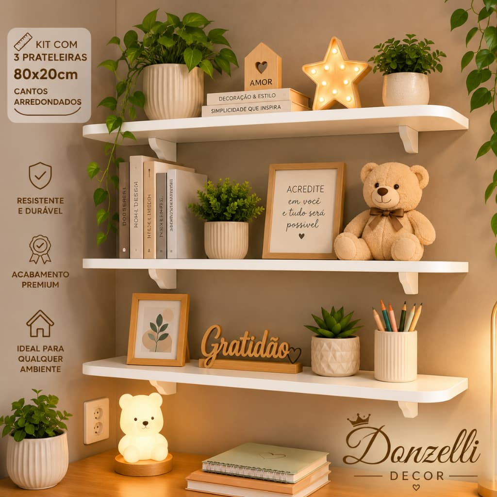 Kit com 3 Prateleiras Decorativas com suportes Cantos Arredondados Acabamento Premium Prateleira Mdf Sala Cozinha Modern