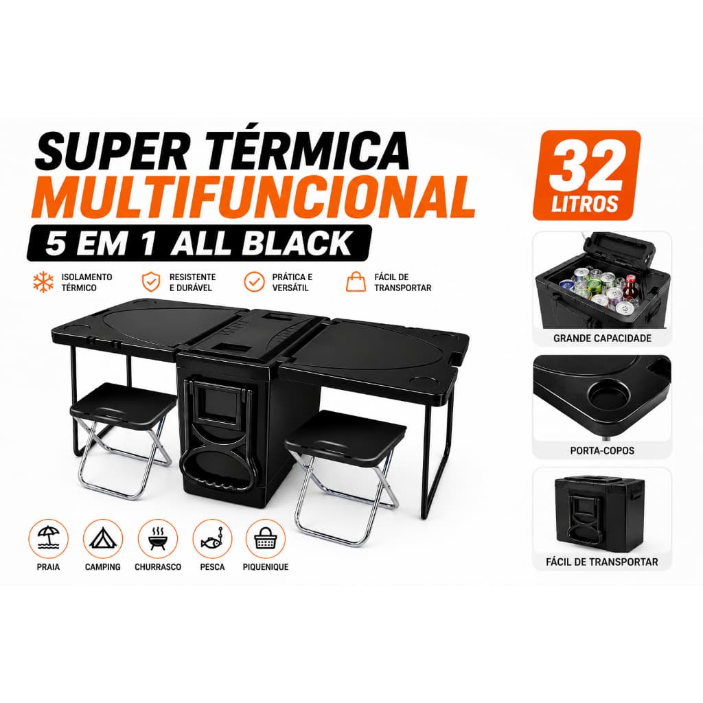 Caixa Térmica Multifuncional 5 em 1 32L All Black Mesa Dobrável com 2 Bancos TOY 26041