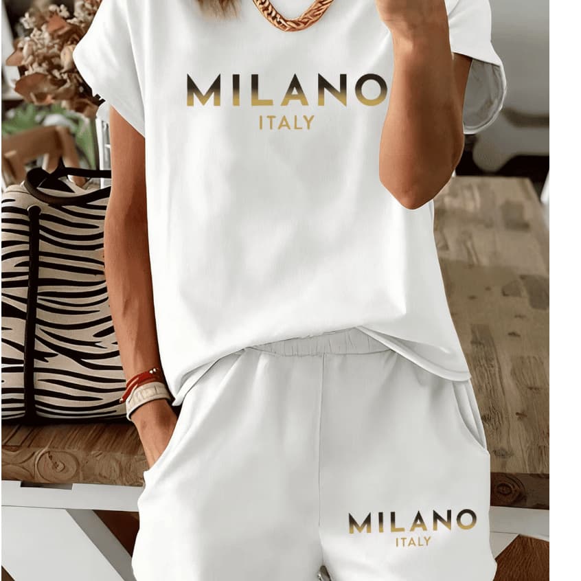 Kit Conjuntinho Feminino Camiseta Algodão e Shortinho Moletom Moderno Milano Italy Estiloso Tendencia