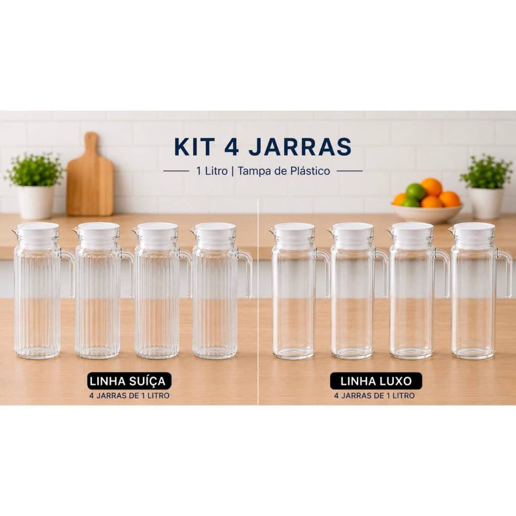 Kit 4 Jarras de Vidro Suiça ou Luxo Transparentes com Tampa de plástico Branca para Geladeira Agua Suco Eventos