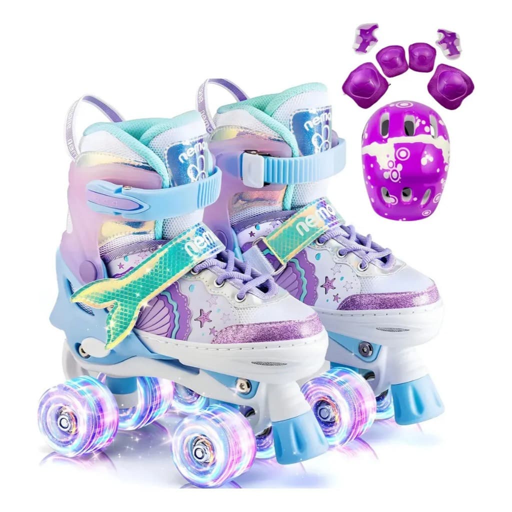 Patins 4 Rodas Arco-íris Com Led Lindo Patins Infantil Menina + Kit Proteção