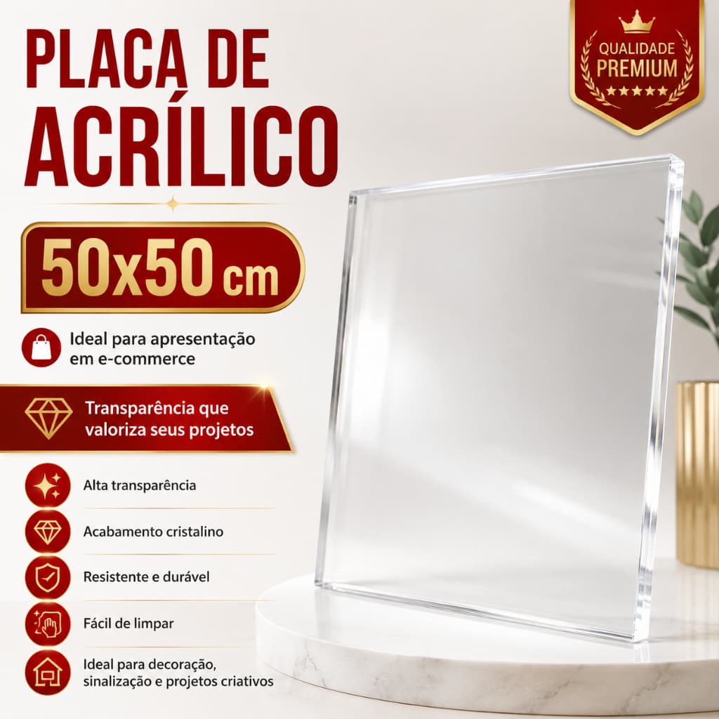 Placa Acrílica Cristal 50x50cm Alta Qualidade para Projetos e Decoração Diversas Espessuras 2mm á 10mm Alta Qualidade