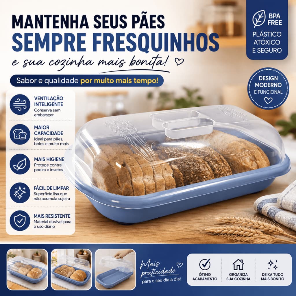 Porta Pão Grande Com Tampa Transparente Plástico Boleira Para Pães Bolos e Tortas
