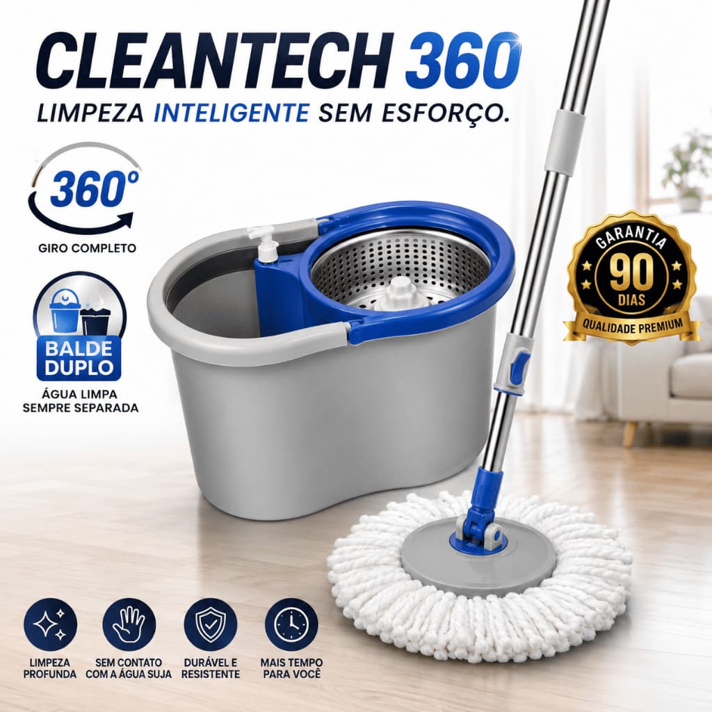 CleanTech 360 Mop Giratório Balde Duplo Spin Mop 360° Limpeza Profunda Rodo Esfregão Microfibra Inox
