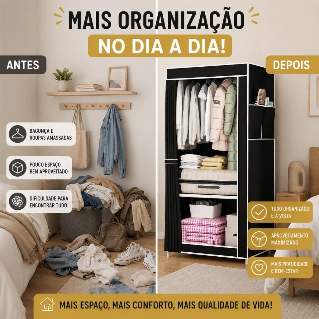 Guarda Roupa Pequeno Preto para Quarto Organizador Compacto com Cortina Cabideiro e Prateleiras 146cm