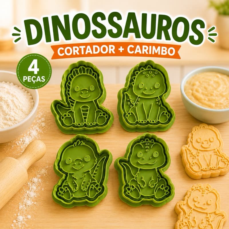 kit 4 cortador e marcador carimbo no tema Dinossauro, dino baby para biscoitos, pasta americana, massinha, lembrancinha