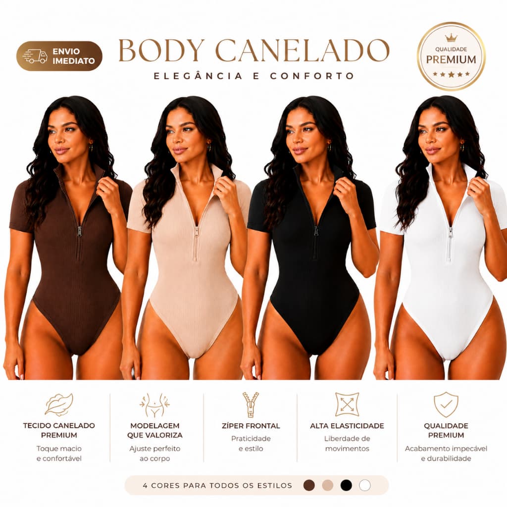 Body Canelado Premium Com Ziper Frontal Modelagem Justa Manga Curta Varias Cores Luxo Envio Imediato