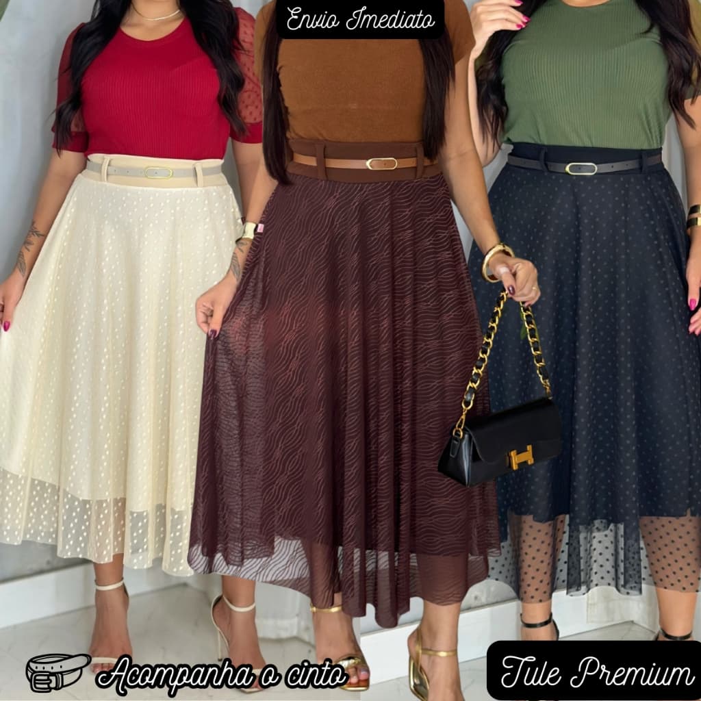 Saia Tule Midi Feminina Longa Longuete Moda Evangelica Casual Forrada Cintura Alta Com Cinto