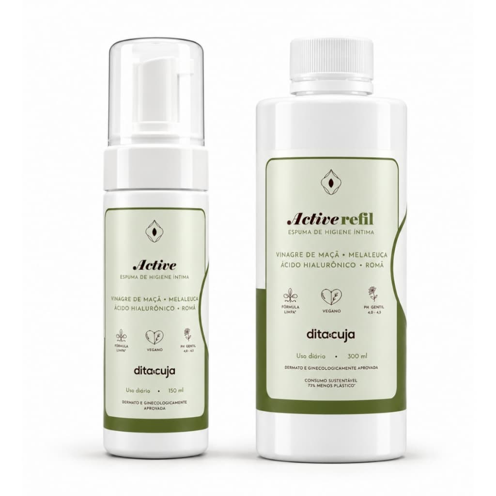 Kit Espuma Íntima Active 150mL com Refil 300mL Dita Cuja Higiene Íntima Feminina pH Equilibrado
