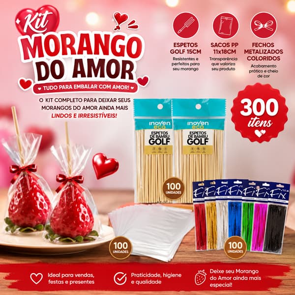 Kit Morango do Amor 300 Unidades – 100 Espetos Golf 15cm + 100 Sacos PP 11x18cm + 100 Fechos