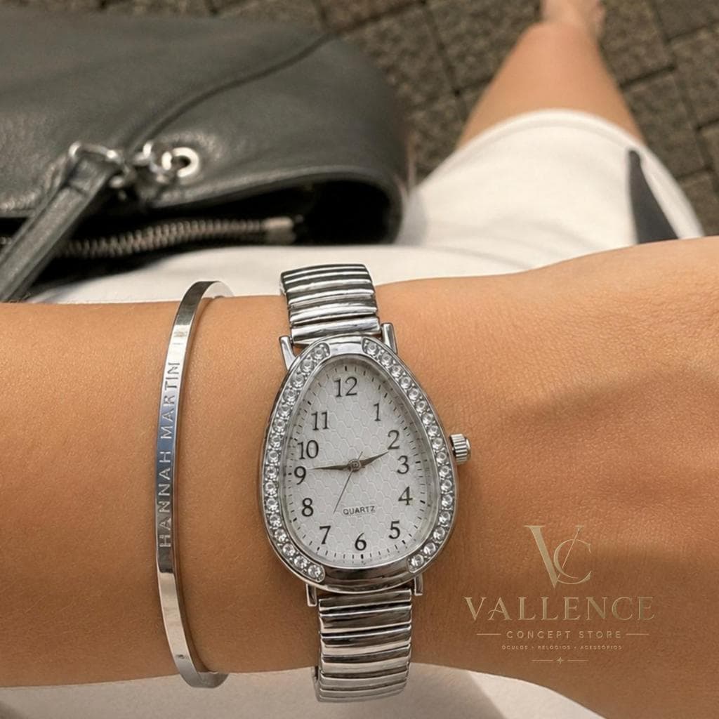 Relógio Feminino Estilo Cobra Oval Cinta Elástica Aço Inoxidável Acessórios Dourado Prateado