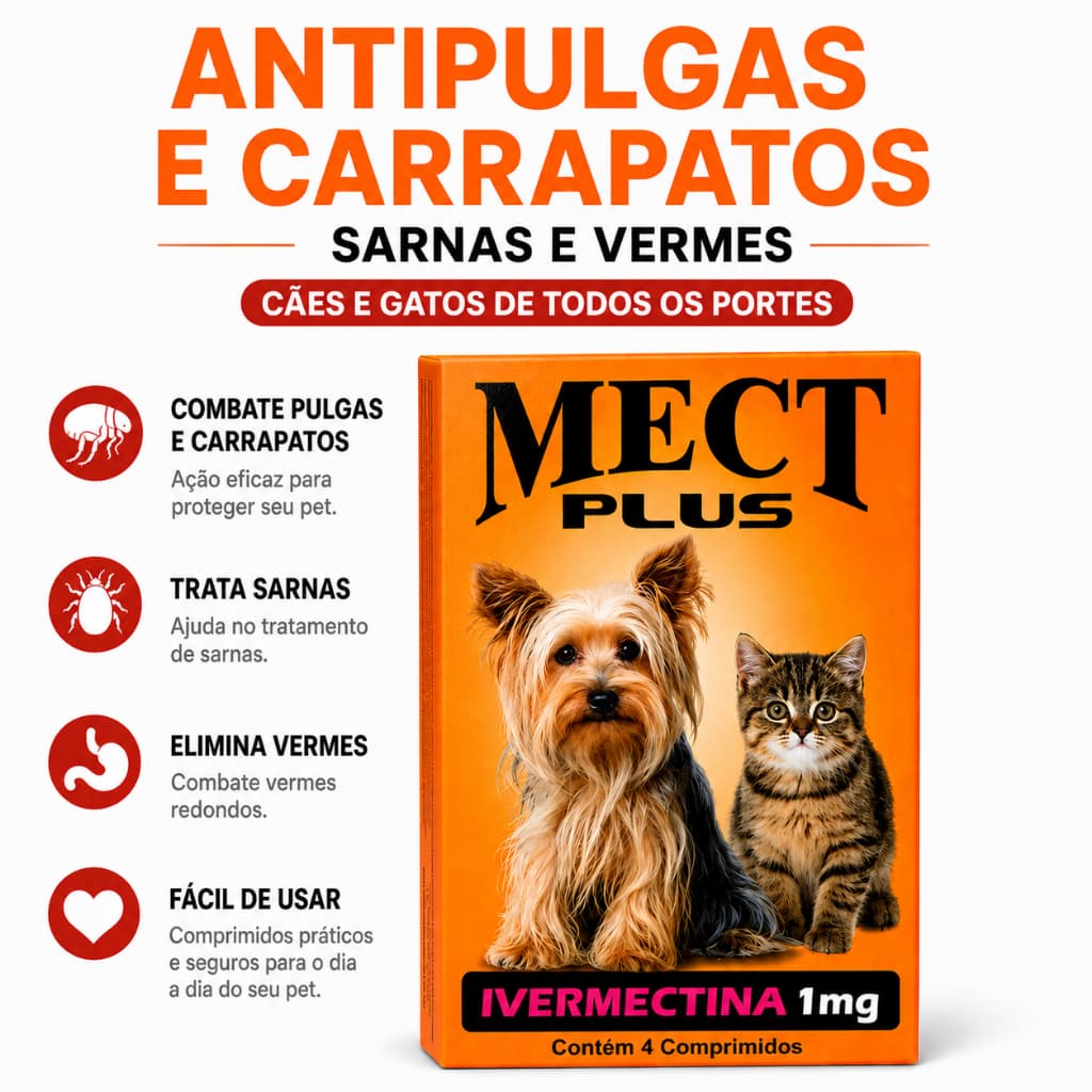 Antipulgas Carrapatos Sarna Ivermectina Mect Plus Cães Gatos Adultos Filhote Vermífugo Remédio Pulga
