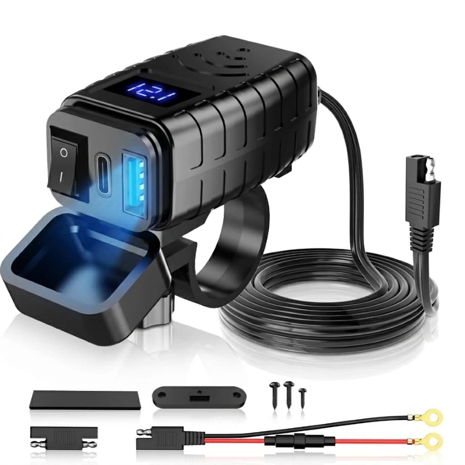 Carregador USB Moto PD 30W QC3.0 Tipo C Voltímetro Digital Interruptor 12V Suporte para guidão