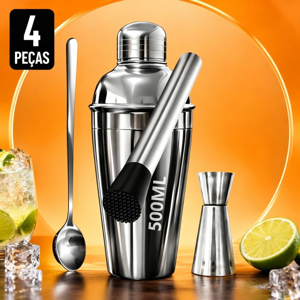 Caipirinha e Coquetéis 4 Peças Inox Profissional Coqueteleira 500ml Socador Dosador Colher Bartender