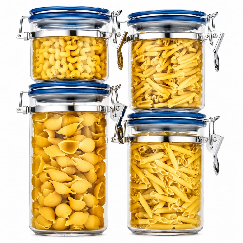 Kit 4 Potes Herméticos de Acrílico com Trava e Vedação – 420ml, 650ml, 800ml e 1,1L