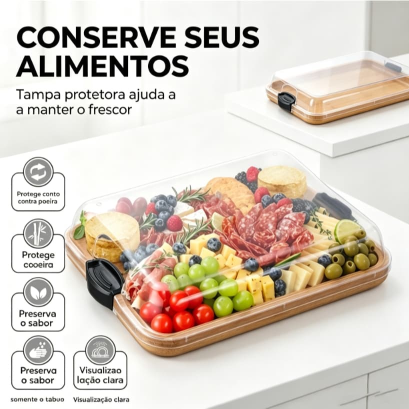 Bandeja Grande de Bambu com Tampa com Travas – Tabua Para Servir e Conservar Frios Queijos Petiscos