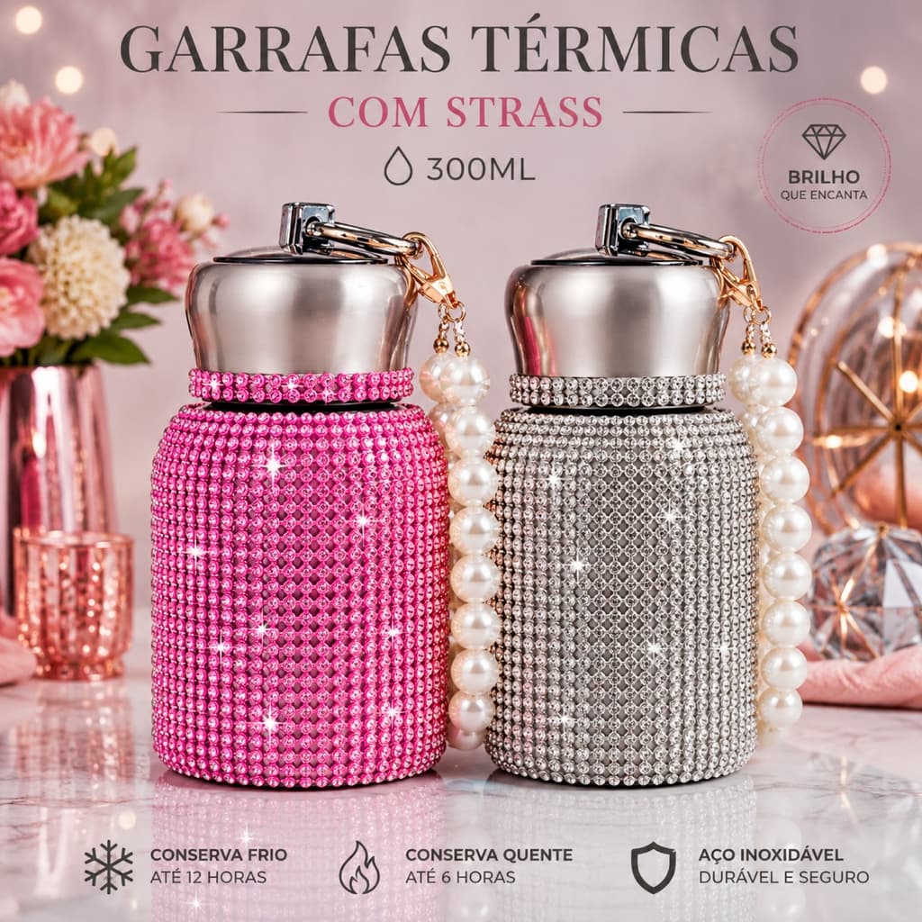 Garrafa Térmica de Inox Com Tampa Brilhante Strass Cravejado Rhinestone Copo Portátil