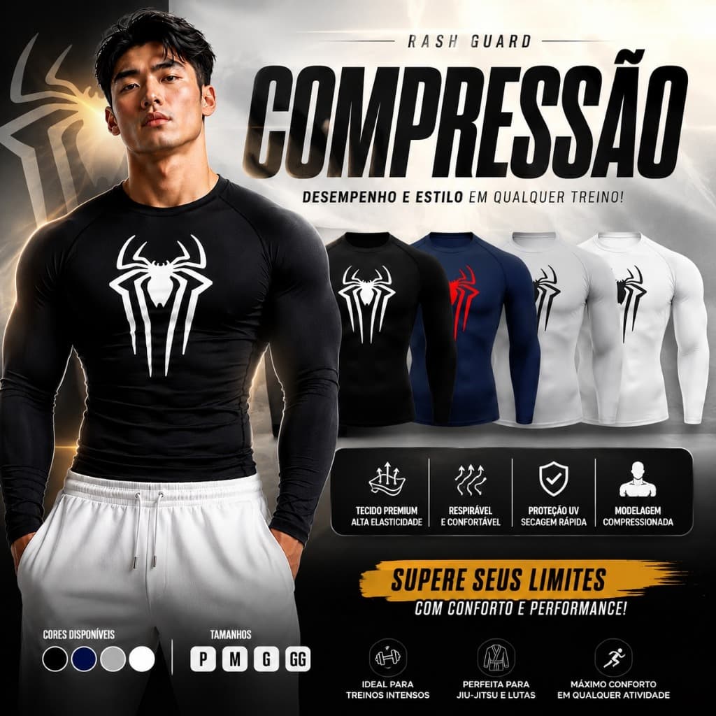 Camiseta Rash Guard Masculina Compressão Manga Longa UV50+ Secagem Rápida Academia