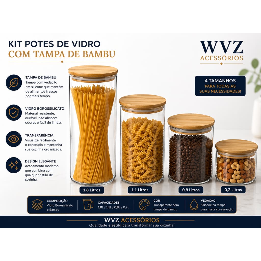 Kit Potes Herméticos Vidro Borossilicato Tampa Bambu 4 Peças 200ml 800ml 1,1L 1,8L Organizador Cozinha