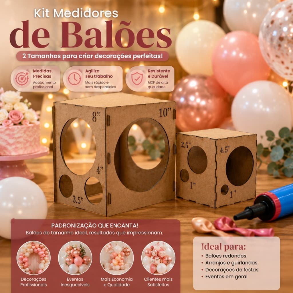 Kit 2 Gabarito Medidor para Balões Bexiga Grande e Mini em MDF Cru Comemorações e Festas