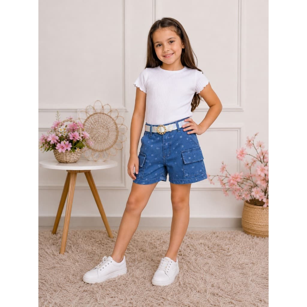 Short Cargo Jeans Infantil de Menina Com Bolso Lateral