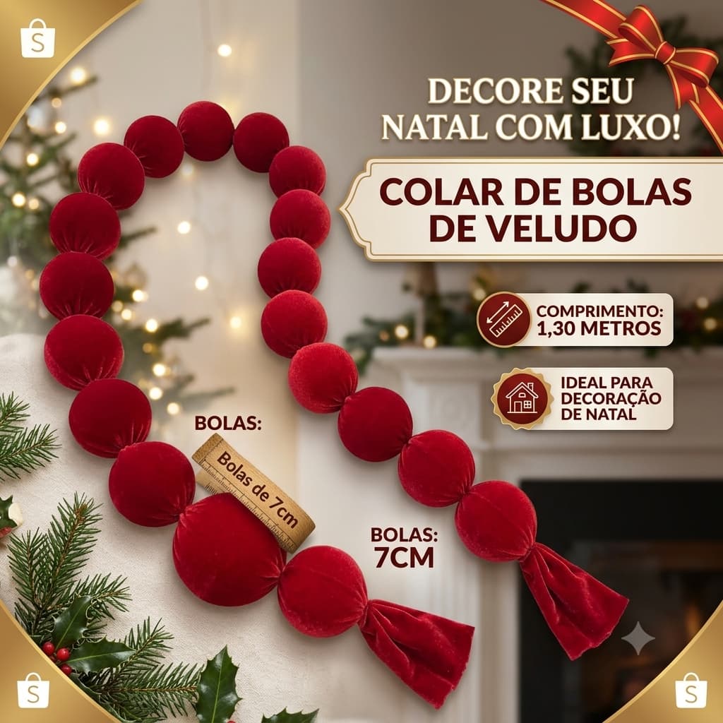 Colar De Bolas Em Veludo - Decoração de Natal Colar Decorativo de Natal em Veludo Vermelho | Cordão de Bolas