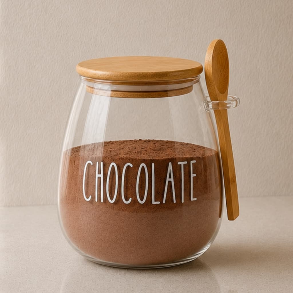 Pote hermético de vidro Bojudo Chocolate c/ tampa e colher de bambu 650ml