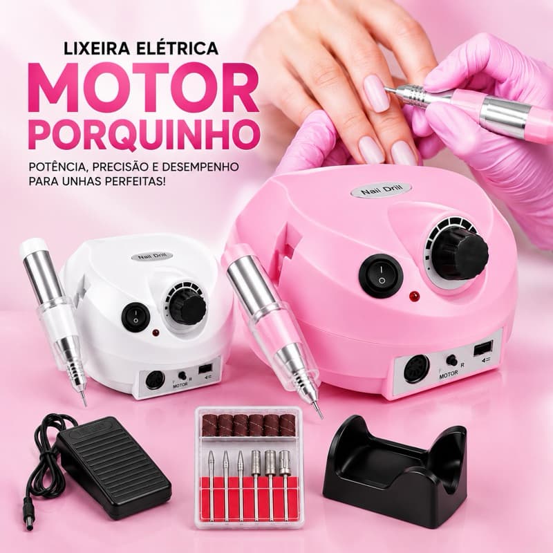 Motor Lixadeira Elétrica 35.000RPM + Broca Unha Porquinho Profissional Bivolt Manicure Pedal Kit Completo Branco e Rosa