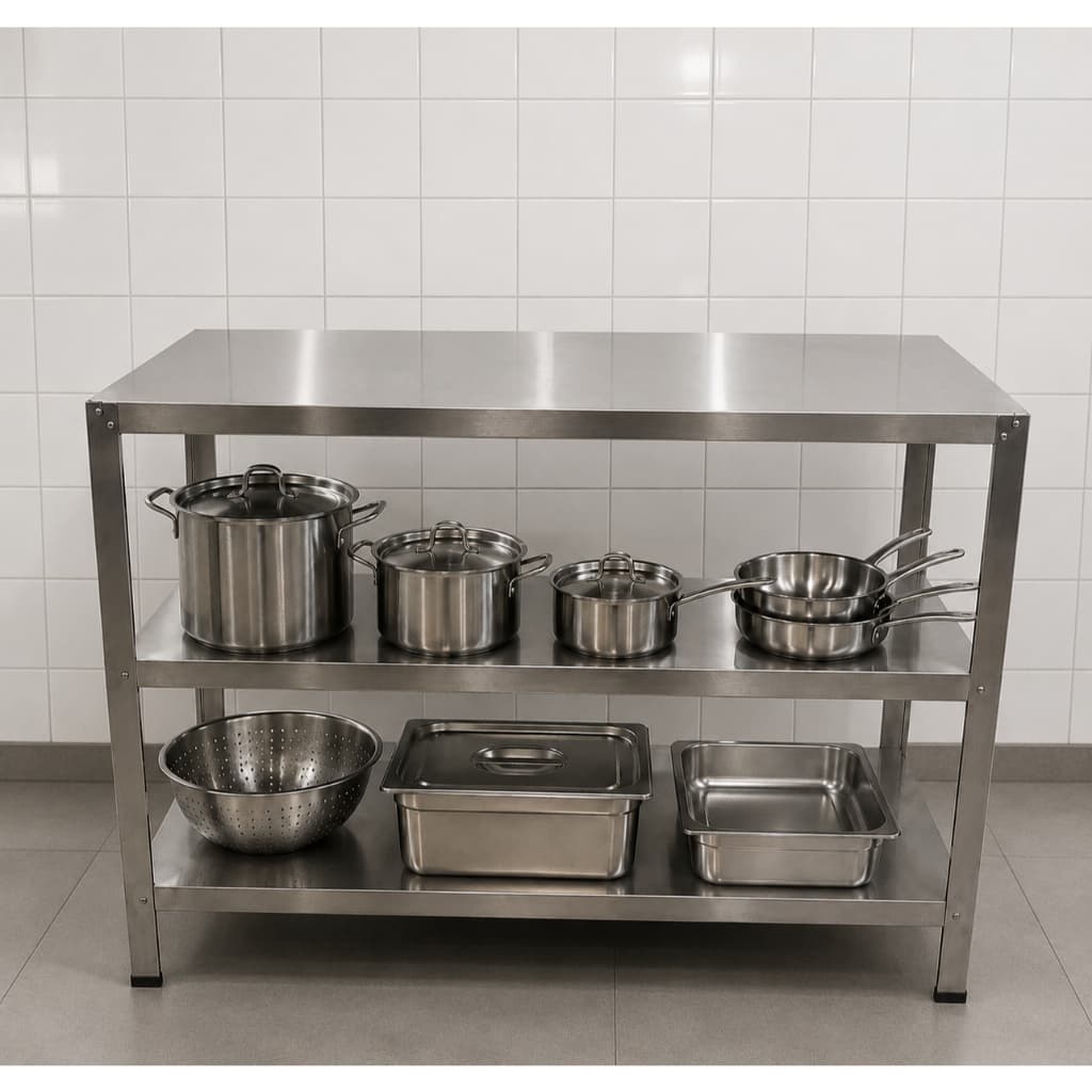 Mesa Inox 3 Planos para Restaurante Cozinha Higienização 120x50x84cm