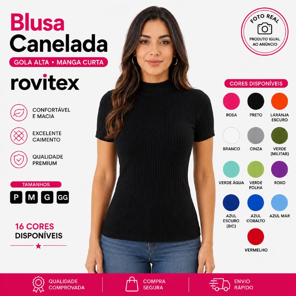 Blusa Canelada Camiseta Feminina Malha Ribana Manga Curta Gola Alta Rovitex P M G Gg Casual Colorido