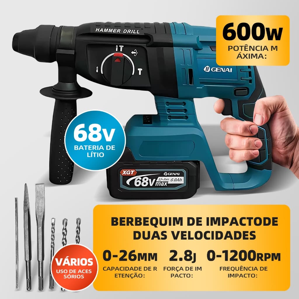Kit Martelete Profissional 21V/68V 600W, Furadeira e Rompedor 2 em 1, Martelo de Impacto com 2 Baterias