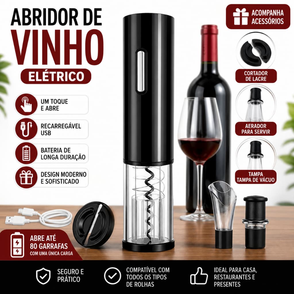 FUSHANG Kit Abridor de Vinho Elétrico Automático 4 Peças Recarregável/Pilhas Bivolt