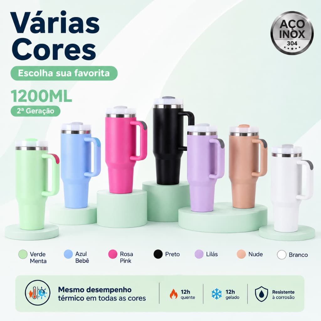 Garrafa Térmica 1200ML Com Bico Com Alça Flip Tumbl Aço Inoxidável Academia Trabalho